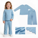 GLP3292 Blue Solid Color Scallop Edge Cotton Girls Set