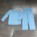 Preorder Samples GLP3292 Blue Solid Color Scallop Edge Cotton Girls Set