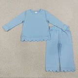 GLP3292 Blue Solid Color Scallop Edge Cotton Girls Set
