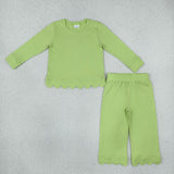 GLP3296 Green Solid Color Scallop Edge Cotton Girls Set