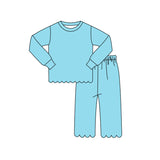 Preorder Samples GLP3297 Sky Blue Solid Color Scallop Edge Cotton Girls Set