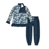 Preorder MOQ 5 Pcs Each Style Flower Floral Ruffles Pullover Girls Jogger Set