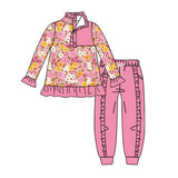 Preorder MOQ 5 Pcs Each Style Flower Floral Ruffles Pullover Girls Jogger Set