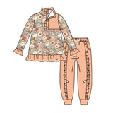 Preorder MOQ 5 Pcs Each Style Flower Floral Ruffles Pullover Girls Jogger Set