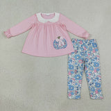 GLP3319 Embroidery Pumpkin Bows Flower Purple Girls Set