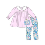 Preorder Samples GLP3319 Embroidery Pumpkin Bows Flower Purple Girls Set