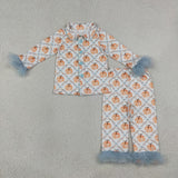 GLP3338 Fall Pumpkin Bows Flower Feather Girls Pajamas Outfits