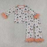 GLP3386 Halloween Bows Feather Girls Pajamas Set