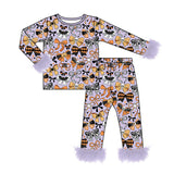 Preorder MOQ 5 Pcs Each Style Halloween Pumpkin Bows Feather Girls Pajamas Outfits