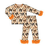Preorder MOQ 5 Pcs Each Style Halloween Pumpkin Bows Feather Girls Pajamas Outfits
