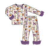 Preorder MOQ 5 Pcs Each Style Halloween Pumpkin Bows Feather Girls Pajamas Outfits