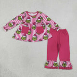 GLP3458 Christmas Green Animals Stripe Rose Red Girls Set