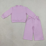 GLP3470 Solid Color Cotton Light Purple Middle Neckline Sweater Girls Set
