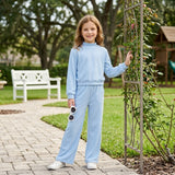 GLP3472 Solid Color Cotton Blue Mockneck Girls Set