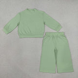 GLP3474 Solid Color Cotton Light Green Middle Neckline Girls Set