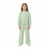 GLP3474 Solid Color Cotton Light Green Middle Neckline Girls Set