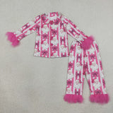 GLP3478 Christmas Santa Bows Rose Red Feather Girls Pajamas Outfits