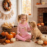 GLP3480 Embroidery Fall Pumpkin Dog Pink Stripe Kids Girls Clothes