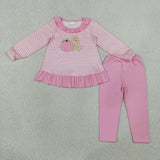 GLP3480 Embroidery Fall Pumpkin Dog Pink Stripe Kids Girls Clothes