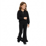 GLP3489 Solid Color Black Thick Sweatshirt Pullover Girls Flared Set