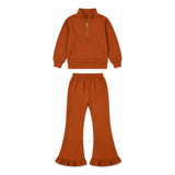 Preorder MOQ 5 Pcs Each Solid Color Sweatshirt Pullover Girls Flared Set