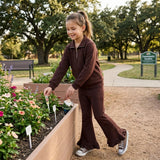 GLP3491 Solid Color Brown Thick Sweatshirt Pullover Girls Flared Set