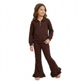 GLP3491 Solid Color Brown Thick Sweatshirt Pullover Girls Flared Set