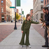 GLP3492 Solid Color Dark Green Thick Sweatshirt Pullover Girls Flared Set