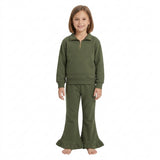 GLP3492 Solid Color Dark Green Thick Sweatshirt Pullover Girls Flared Set