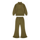 Preorder MOQ 5 Pcs Each Solid Color Sweatshirt Pullover Girls Flared Set