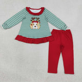GLP3494 Embroidery Christmas Elk Stripe Ruffles Girls Set