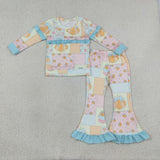 GLP3503 Fall Pumpkin Plaid Ruffles Girls Set