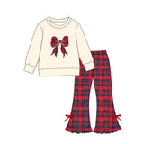Preorder Samples GLP3547 Embroidery Christmas Bows Plaid Red Girls Set