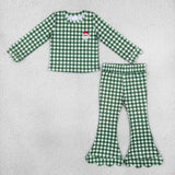 GLP3589 Embroidery Christmas Santa Plaid Scallop Edge Girls Set