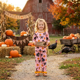 GLP3655 Fall Pumpkin Hunting Print Ruffles Girls Pajamas Outfits