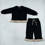GLP3671 Solid Color Cotton Stripe Ruffles Black Girls Set
