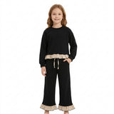 GLP3671 Solid Color Cotton Stripe Ruffles Black Girls Set