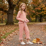 GLP3672 Fall Orange Plaid Ruffles Girls Set