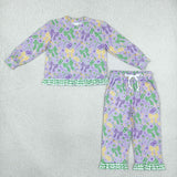 GLP3680 Mardi Gras Mask Bows Green Plaid Ruffles Purple Girls Set