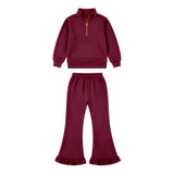 Preorder MOQ 5 Pcs Each Solid Color Sweatshirt Pullover Girls Flared Set