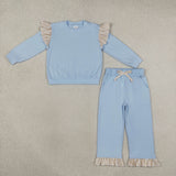 GLP3696 Solid Color Stripe Ruffles Light Blue Girls Set