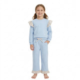 GLP3696 Solid Color Stripe Ruffles Light Blue Girls Set