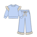 Preorder MOQ 5 pcs Each Color Solid Color Stripe Ruffles Girls Set
