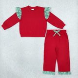 GLP3697 Christmas Solid Color Stripe Ruffles Red Girls Set