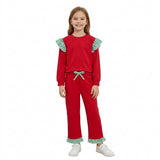 GLP3697 Christmas Solid Color Stripe Ruffles Red Girls Set