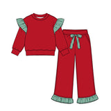 Preorder MOQ 5 pcs GLP3697 Solid Color Stripe Ruffles Red Girls Set