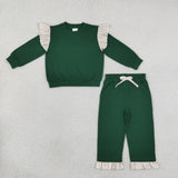 GLP3698 Solid Color Stripe Ruffles Dark Green Girls Set
