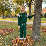 GLP3698 Solid Color Stripe Ruffles Dark Green Girls Set