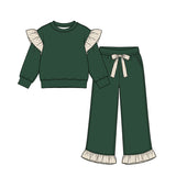 Preorder MOQ 5 pcs GLP3698 Solid Color Stripe Ruffles Dark Green Girls Set