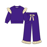 Preorder MOQ 5 pcs GLP3699 Solid Color Stripe Ruffles Dark Purple Girls Set